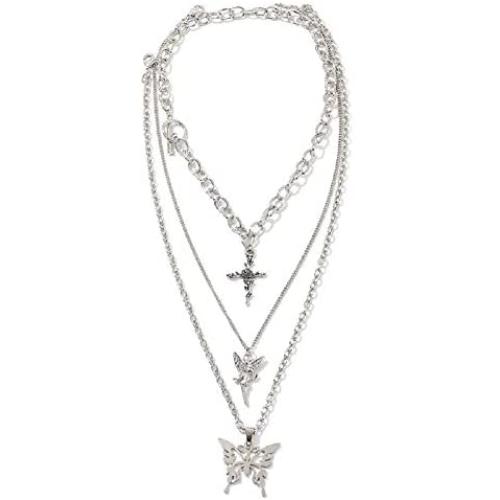 Dainty Unique Punk Layering Chain Choker Necklace Boho Jewelry Set Layered Butterfly Cross Pendant Statement Chunky Chain Necklace Festival Statement Necklace for Women Men