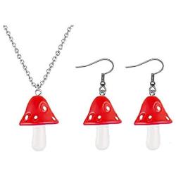 RUIZHEN Colorful Cute Mushroom Dangle Earrings Pendant Necklace Jewelry Set for Wowen Girls