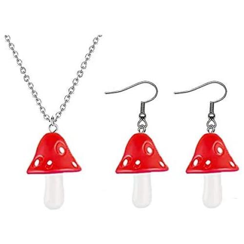 RUIZHEN Colorful Cute Mushroom Dangle Earrings Pendant Necklace Jewelry Set for Wowen Girls