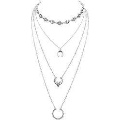 Chargances Silver Crescent Moon Pendant Long Chain Necklace Stars Choker for Women and Girls Ladies Delicate Jewelry Sexy Boho Multi Layered Necklace