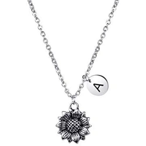 Joycuff Dainty Antique Silver Sunflower Necklace Personalized Cute Monogram Pendant Initial Charm Letter Engraved Inspirational Gifts for Her Women Teen Girl