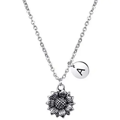 Joycuff Dainty Antique Silver Sunflower Necklace Personalized Cute Monogram Pendant Initial Charm Letter Engraved Inspirational Gifts for Her Women Teen Girl