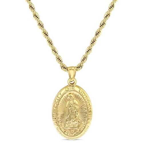 Men Women Gold Finish Our lady of guadalupe holy pendant necklace Stainless Steel Jewelry Catholic Mary ,the Holy Mother of God 24'' Rope Chain Set