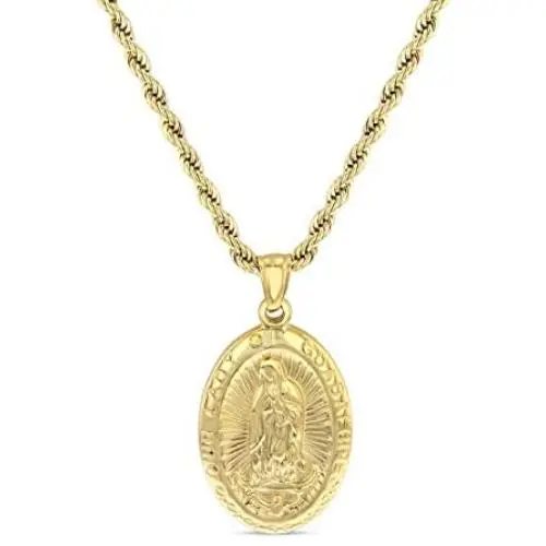 Men Women Gold Finish Our lady of guadalupe holy pendant necklace Stainless Steel Jewelry Catholic Mary ,the Holy Mother of God 24'' Rope Chain Set