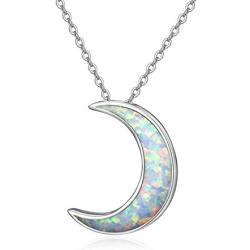PRAYMOS S925 Sterling Silver Moon Necklace Synthetic Opal Necklace Women Dainty Necklace