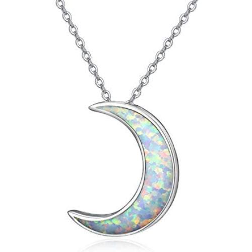 PRAYMOS S925 Sterling Silver Moon Necklace Synthetic Opal Necklace Women Dainty Necklace