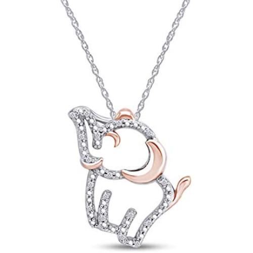 1/20 CTTW Round Cut Natural Diamond Accent Two Tone Elephant Pendant Necklace In 14K Gold Over Sterling Silver