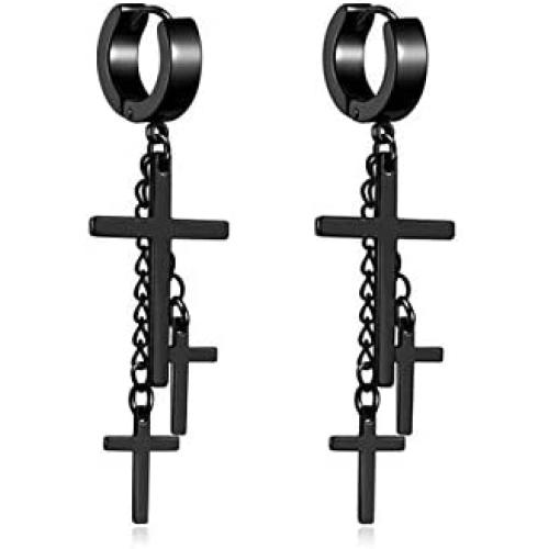 Zysta Black Gold Silver 18G Post Huggie Dangle Earring Cross Drop Hoop Ear Lobe Piercing Ring Stud Stainless Steel