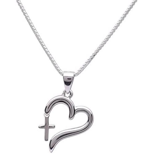 Girls Sterling Silver First Communion or Confirmation''Dangling Cross'' Heart Necklace