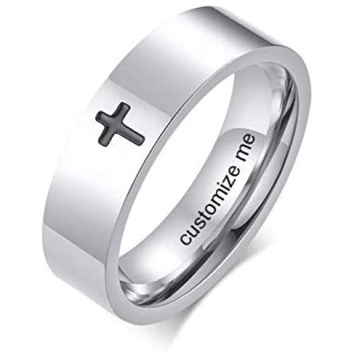 Stainless Steel Cross Simple Silver Band Ring Wedding Ring for Men Boy Women Girl,Religious Jewelry Gift