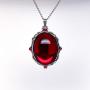 Blood Red Oval Stone In Silver Finish Pewter Frame Pendant Necklace