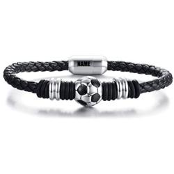 MPRAINBOW Free Engraving Stainless Steel Braided Soccer Football Genuine Leather Bracelets for Men Women
