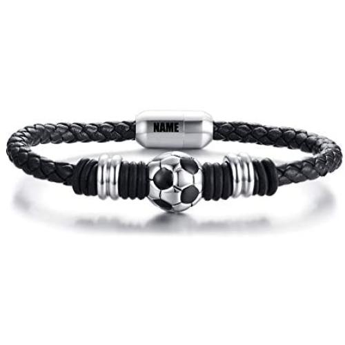 MPRAINBOW Free Engraving Stainless Steel Braided Soccer Football Genuine Leather Bracelets for Men Women