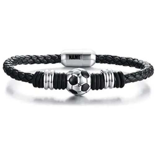 MPRAINBOW Free Engraving Stainless Steel Braided Soccer Football Genuine Leather Bracelets for Men Women
