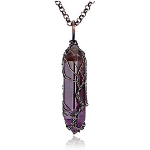 Top Plaza Natural Healing Crystals Gemstone Amethyst Point Necklace Tree of Life Wire Wrapped Pendant Necklaces Reiki Quartz Jewelry for Womens Girls - Bronze