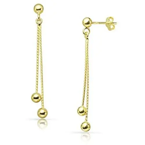 SolidSilver - Sterling Silver Double Long Chain Ball Drop Dangle Stud Earrings | Sterling Silver or Yellow Gold Dipped SolidSilver - Sterling Silver Double Long Chain Ball Drop Dangle Stud Earrings | Sterling Silver or Yellow Gold Dipped