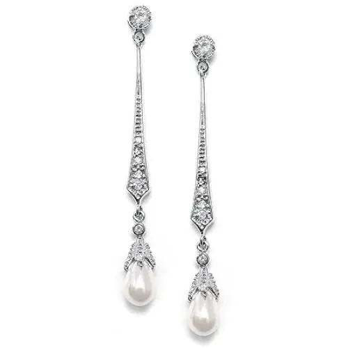 Mariell Slender Cubic Zirconia Vintage Dangle Earrings with Freshwater Pearl Drops for Brides or Weddings Mariell Slender Cubic Zirconia Vintage Dangle Earrings with Freshwater Pearl Drops for Brides or Weddings