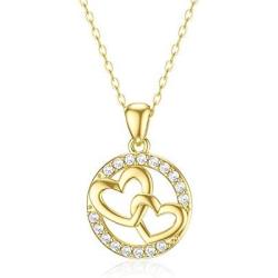 Yafeeso Solid 14K Gold Double Heart Necklace for Women Girls Love Heart Pendant Necklace for Anniversary Mothers Day Couple Jewelry Gifts for Her, 16+2 Inch