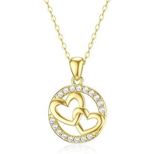 Yafeeso Solid 14K Gold Double Heart Necklace for Women Girls Love Heart Pendant Necklace for Anniversary Mothers Day Couple Jewelry Gifts for Her, 16+2 Inch