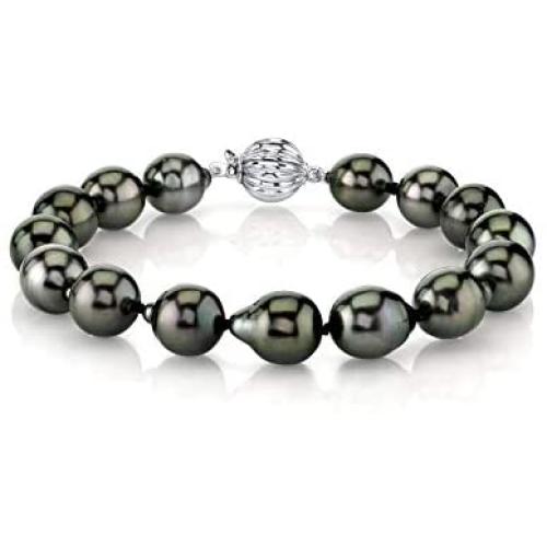 THE PEARL SOURCE 14K Gold 8-9mm Drop-Shape Genuine Black Tahitian South Sea Cultured Pearl Bracelet for Women