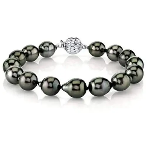 THE PEARL SOURCE 14K Gold 10-11mm Drop-Shape Genuine Black Tahitian South Sea Cultured Pearl Bracelet for Women