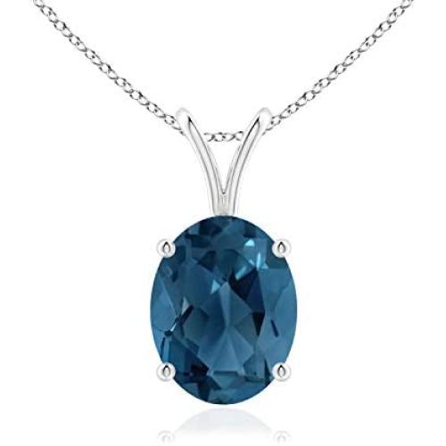 December Birthstone - Oval London Blue Topaz V-Bale Pendant Necklace in Sterling Silver (7x5mm London Blue Topaz)