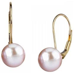 THE PEARL SOURCE 14K Gold AAAA Quality Round Genuine Pink Freshwater Cultured Pearl Leverback Earrings for Women
