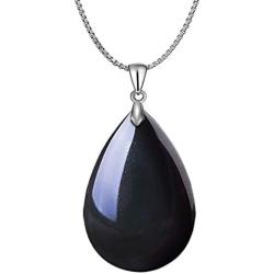 OCARLY 925 Black Obsidian Drop Pendant with Faint Rainbow Eyes Necklace Amulet Gemstone Stainless Steel/Titaniu/925 Chain Necklace