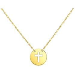 14k Yellow Gold Mini Christian Cross Disc Necklace with Spring Ring Clasp (16'' to 18'' Adjustable Chain)