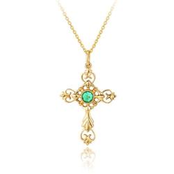 Carleen 14K Solid Real Yellow Gold Vivid Green Emerald May Birthstone Oval/Cross/Halo/Princess Cut Pendant Necklace Delicate Dainty Fine Jewelry for Women Girls, 16/18 INCH