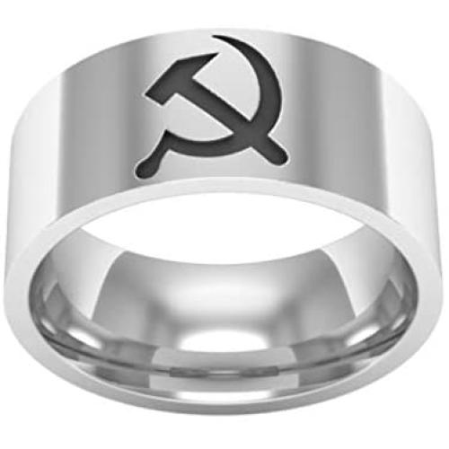 Sping Jewelry USSR Ring Hammer and Sickle for Men 8mm Soviet Communist Central Logo Titanium Steel Band Size 6-13