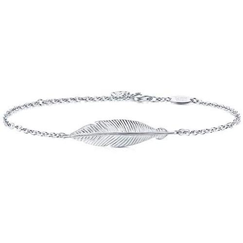 AmorAime Silver Bracelet for Women Lucky Simple Feather Bracelet Love 925 Sterling Silver Adjustable Jewelry for Girls for Birthday or Mothers Day