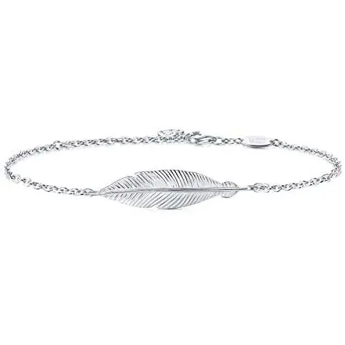 AmorAime Silver Bracelet for Women Lucky Simple Feather Bracelet Love 925 Sterling Silver Adjustable Jewelry for Girls for Birthday or Mothers Day
