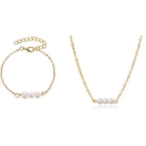 Set Multi Pearl Chain Link Adjustable Pendant Choker Necklace Bracelet Bangle Arm Stacking for Women Girl Jewelry Dainty Minimalist Bohemian Simple Layered Gold Plated
