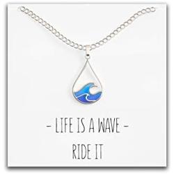 Ocean Wave Necklace – Cute Drop Shape Pendant for Surfer, Sea Lover, Hawaiian or Beach Enthusiast - Blue Wave Jewelry is a Great Gift for any Woman