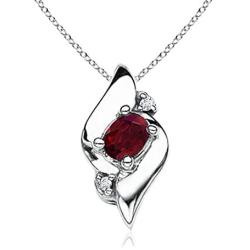 January Birthstone - Shell Style Oval Garnet and Diamond Pendant Necklace in Silver (4x3mm Garnet)