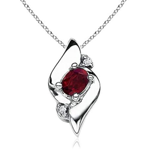 January Birthstone - Shell Style Oval Garnet and Diamond Pendant Necklace in Silver (4x3mm Garnet)