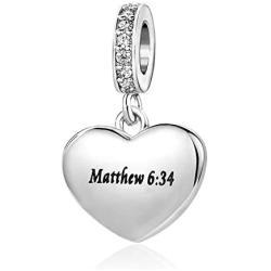 SBI Jewelry Love Heart Charm for Bracelets Cross Bible Verse Dangle Charm Engraved Matthew 6:34 Gift for Women Girls