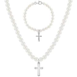 925 Sterling Silver Jewelry Set Girl Cross Simulated Pearl 15'' Necklace Bracelet