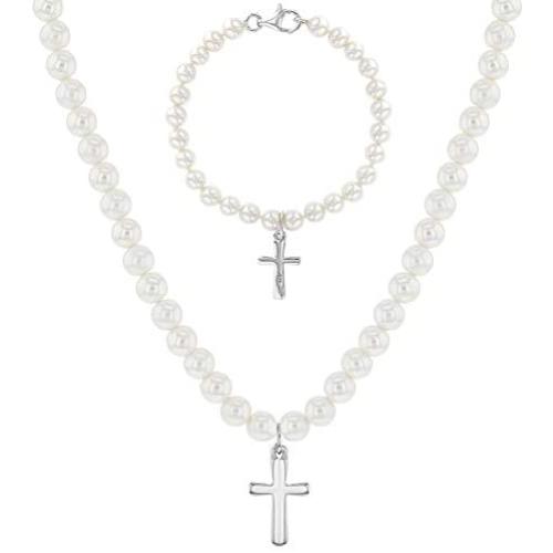 925 Sterling Silver Jewelry Set Girl Cross Simulated Pearl 15'' Necklace Bracelet