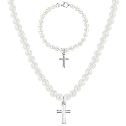 925 Sterling Silver Jewelry Set Girl Cross Simulated Pearl 15'' Necklace Bracelet 925 Sterling Silver Jewelry Set Girl Cross Simulated Pearl 15'' Necklace Bracelet