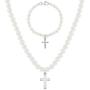 925 Sterling Silver Jewelry Set Girl Cross Simulated Pearl 15'' Necklace Bracelet