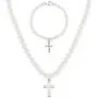 925 Sterling Silver Jewelry Set Girl Cross Simulated Pearl 15'' Necklace Bracelet 925 Sterling Silver Jewelry Set Girl Cross Simulated Pearl 15'' Necklace Bracelet