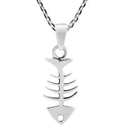 Fashion Fish Bone Skeleton .925 Sterling Silver Pendant Necklace