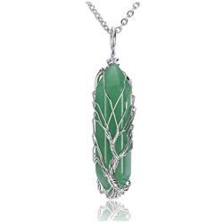 PESOENTH Tree of Life Reiki Healing Crystal Energy Stone Clear Quartz Pendant Necklace Silver Wire Wrapped Raw Gemstone Hexagonal Prism Pointed Crystal Pendant Jewelry for Women and Men