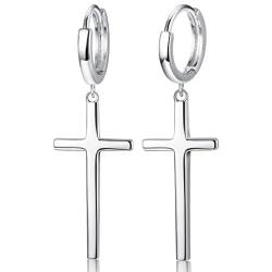 Sllaiss 925 Sterling Silver Dangle Cross Earrings for Womens Men Hinged Hoop Cross Earrings Huggie Drop Piercing