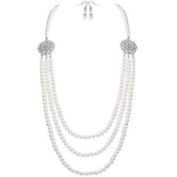 BABEYOND 1920s Gatsby Pearl Necklace Vintage Bridal Pearl Necklace Earrings Jewelry Set Multilayer Imitation Pearl Necklace with Brooch
