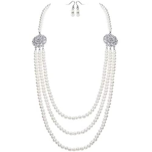 BABEYOND 1920s Gatsby Pearl Necklace Vintage Bridal Pearl Necklace Earrings Jewelry Set Multilayer Imitation Pearl Necklace with Brooch