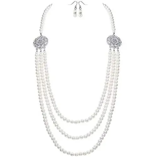 BABEYOND 1920s Gatsby Pearl Necklace Vintage Bridal Pearl Necklace Earrings Jewelry Set Multilayer Imitation Pearl Necklace with Brooch BABEYOND 1920s Gatsby Pearl Necklace Vintage Bridal Pearl Necklace Earrings Jewelry Set Multilayer Imitation Pearl Necklace with Brooch