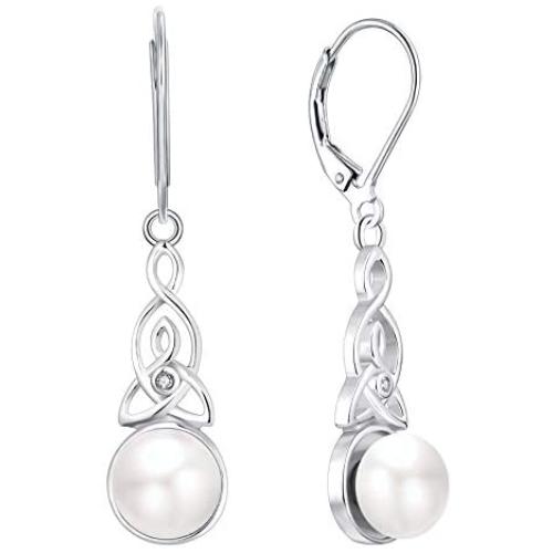 YL Celtic Knot Pendant Necklace 925 Sterling Silver Freshwater Pearl Leverback Earrings Cubic Zirconia Love Knot Drop Jewelry